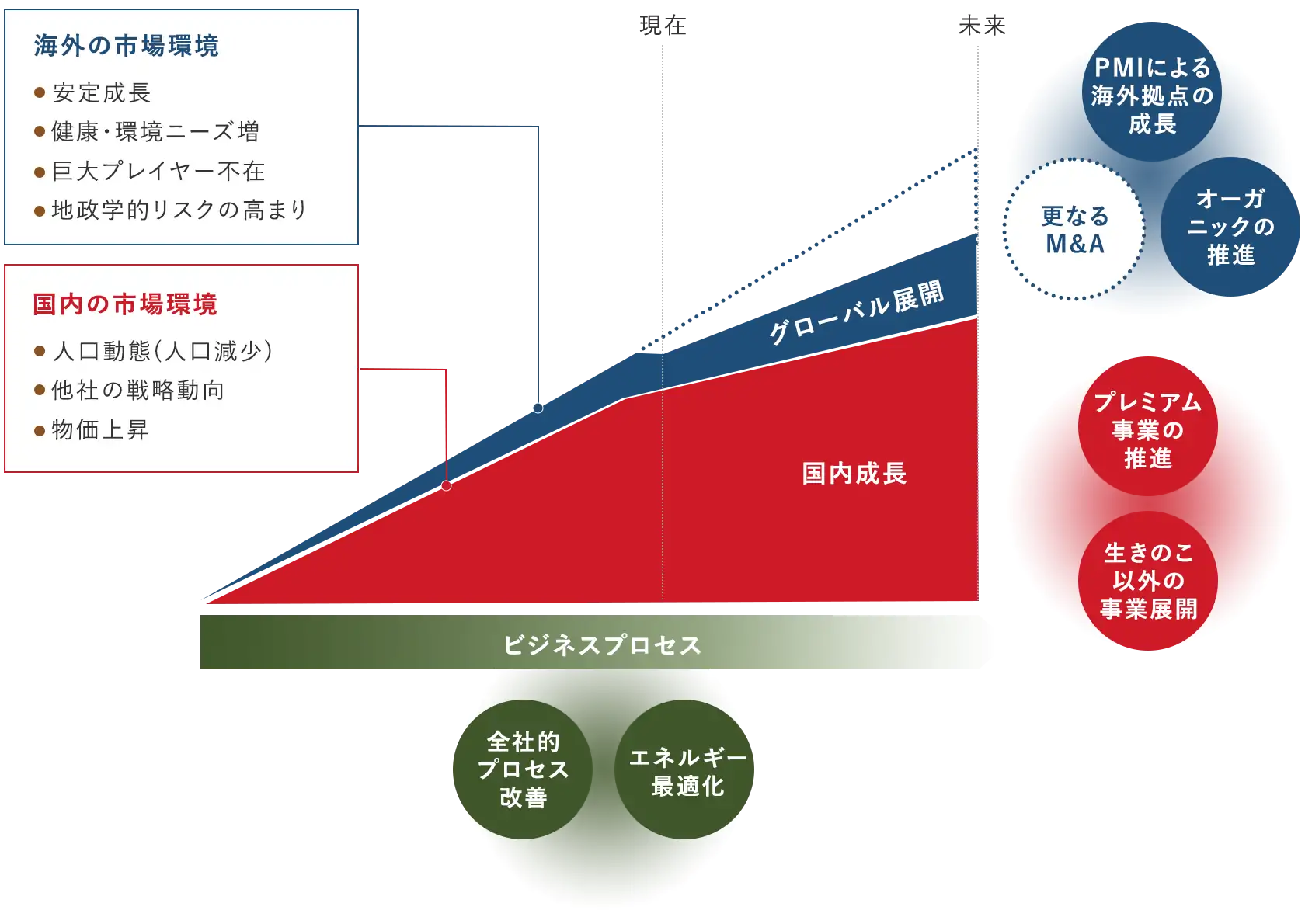 国内の市場環境 ・人口動態(人口減少) ・他社の戦略動向 ・物価上昇 海外の市場環境 ・安定成長 ・健康・環境ニーズ増 ・巨大プレイヤー不在 ・地政学的リスクの高まり グローバル展開 国内成長 ビジネスプロセス 全体的プロセス改善 エネルギー最適化 PMIによる海外拠点の成長 さらなるM&A オーガニックの推進 プレミアム事業の推進 生きのこ以外の事業展開
