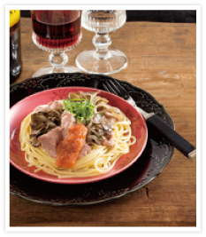 まいたけと牛肉の明太子パスタ　料理写真